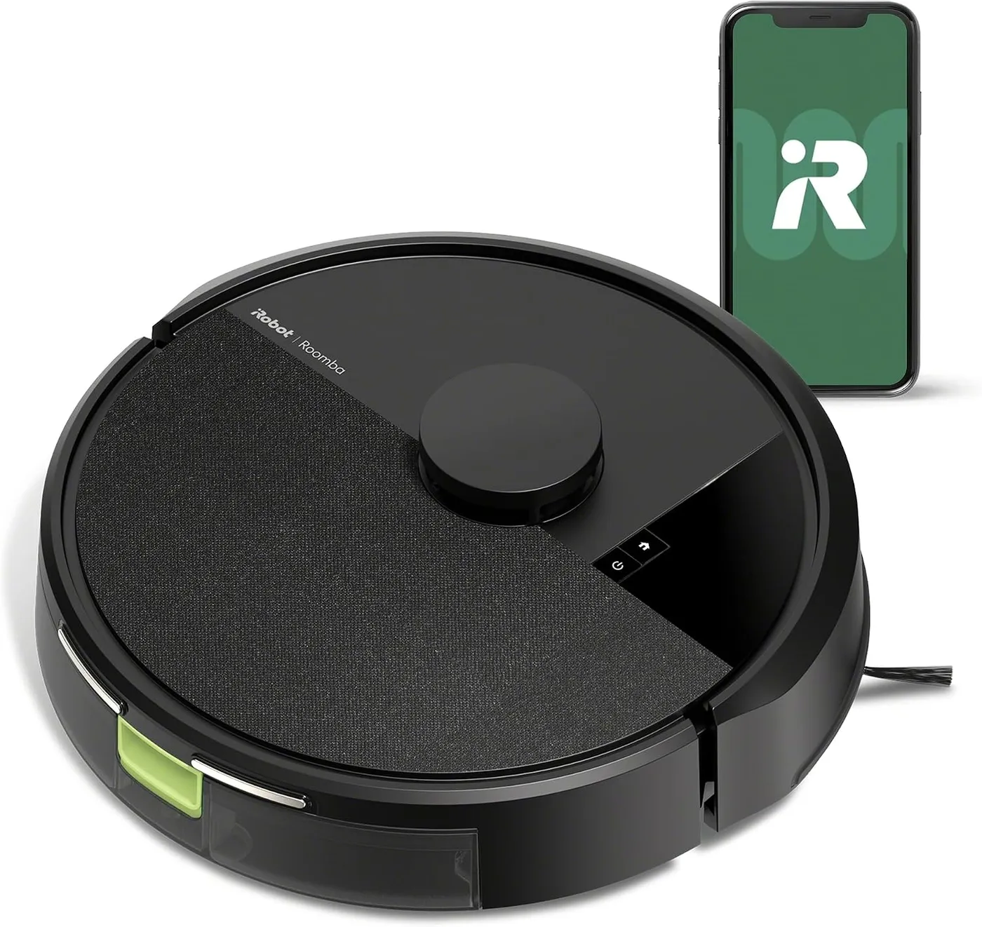 iRobot Roomba 105 Vac black robot vacuum from above with a fabric-textured lid, beside a phone showing the iRobot app