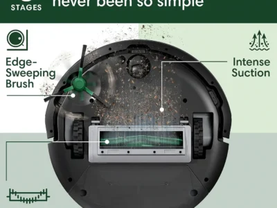 iRobot Roomba 105 Vac underside with callouts for edge brush, bristle brush and suction, described as three stages