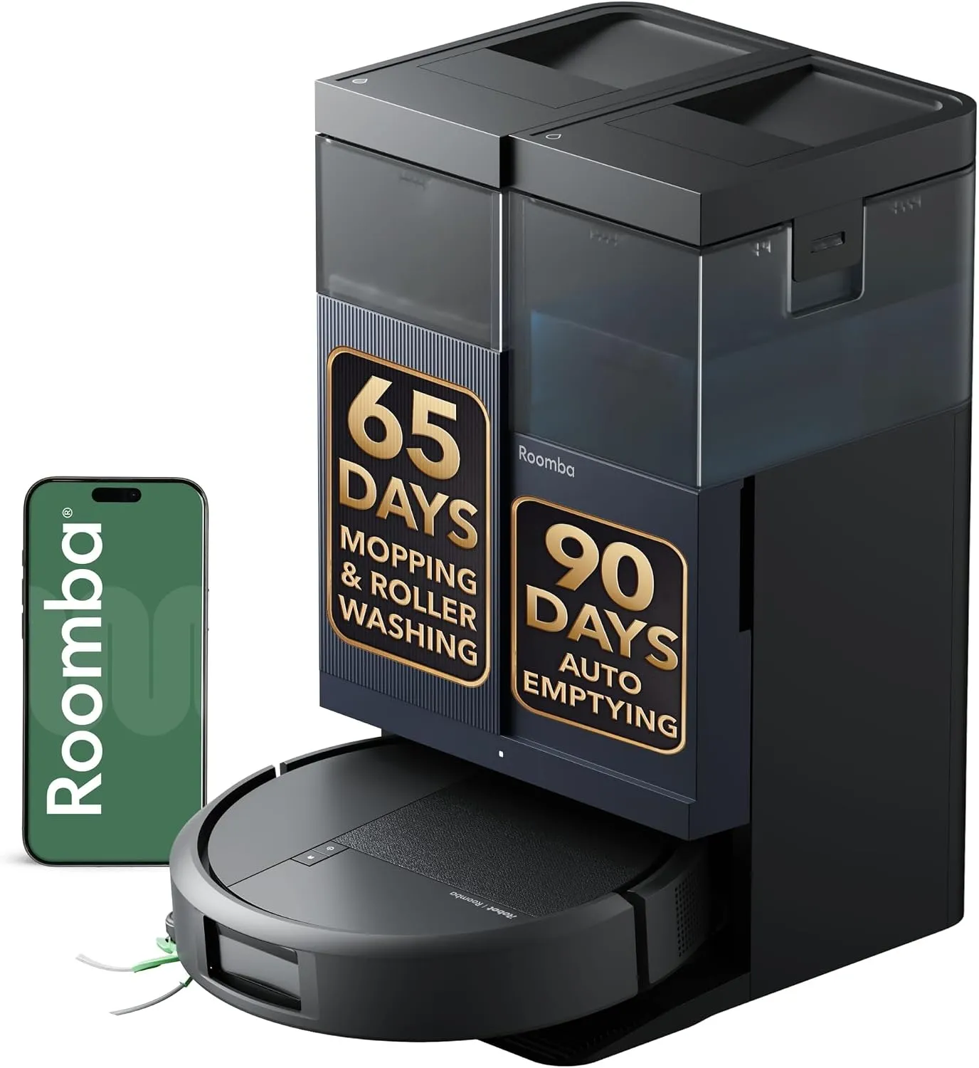 iRobot Roomba 415X black robot vacuum docked at its dual-tank station beside a phone, with 65-day and 90-day claim badges