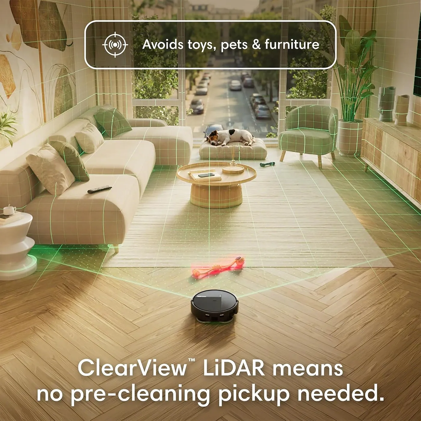 iRobot Roomba 415X on a parquet floor facing a living room with green LiDAR grid, a toy outlined red and a dog on a bed