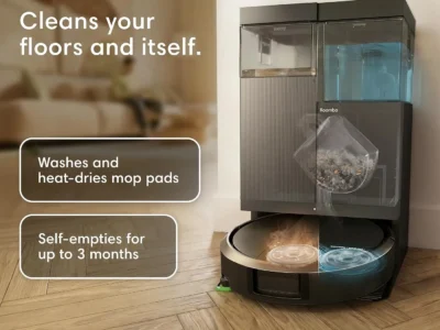 iRobot Roomba 415X docked on a parquet floor, cutaway of dock tanks, infographic of mop pad washing and 3-month self-empty claims