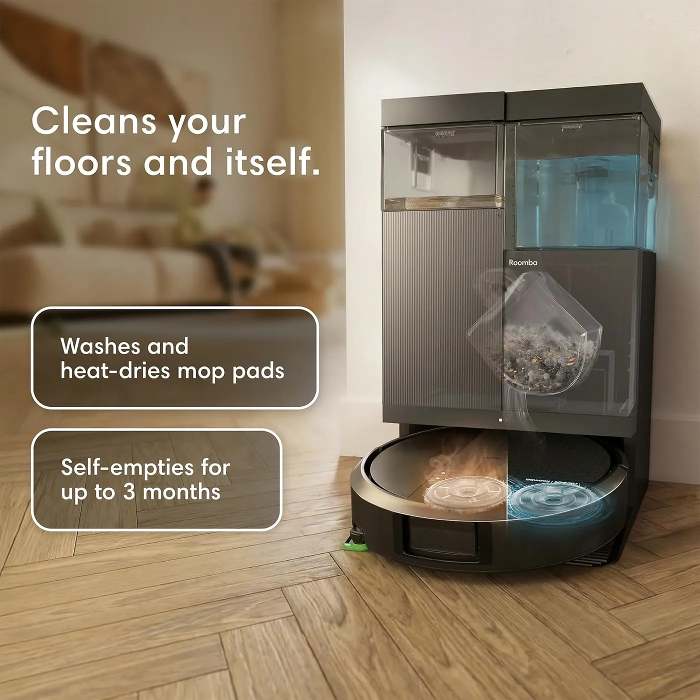 iRobot Roomba 415X docked on a parquet floor, cutaway of dock tanks, infographic of mop pad washing and 3-month self-empty claims