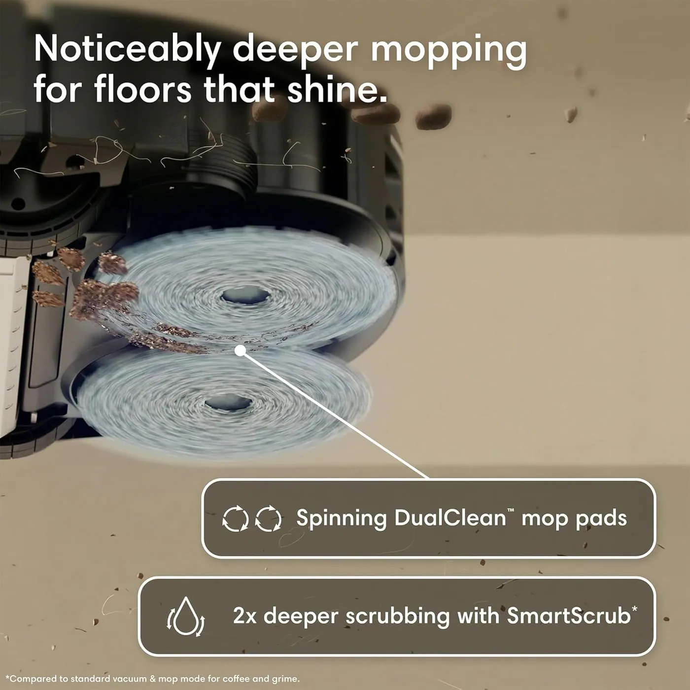 iRobot Roomba 415X close-up of two blurred spinning mop pads, infographic of the 2x deeper SmartScrub scrubbing claim
