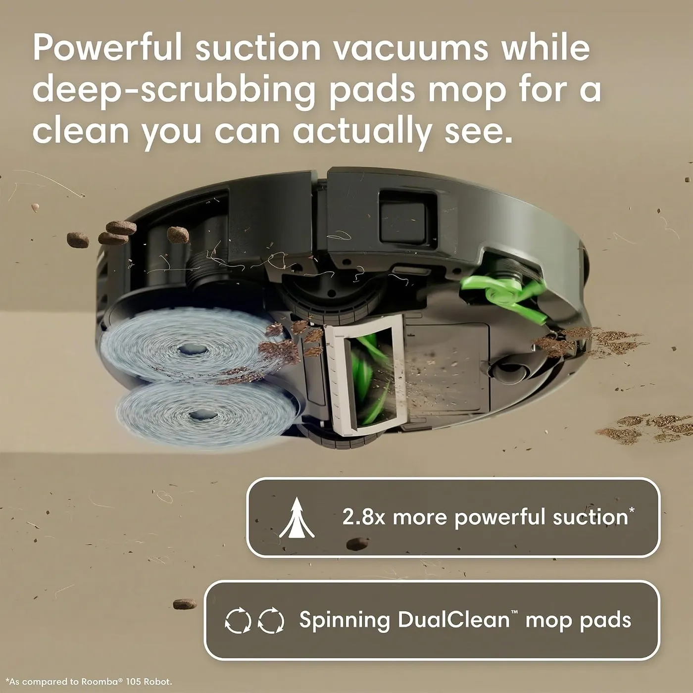 iRobot Roomba 415X tilted underside with two spinning mop pads, infographic of the 2.8x suction claim against Roomba 105