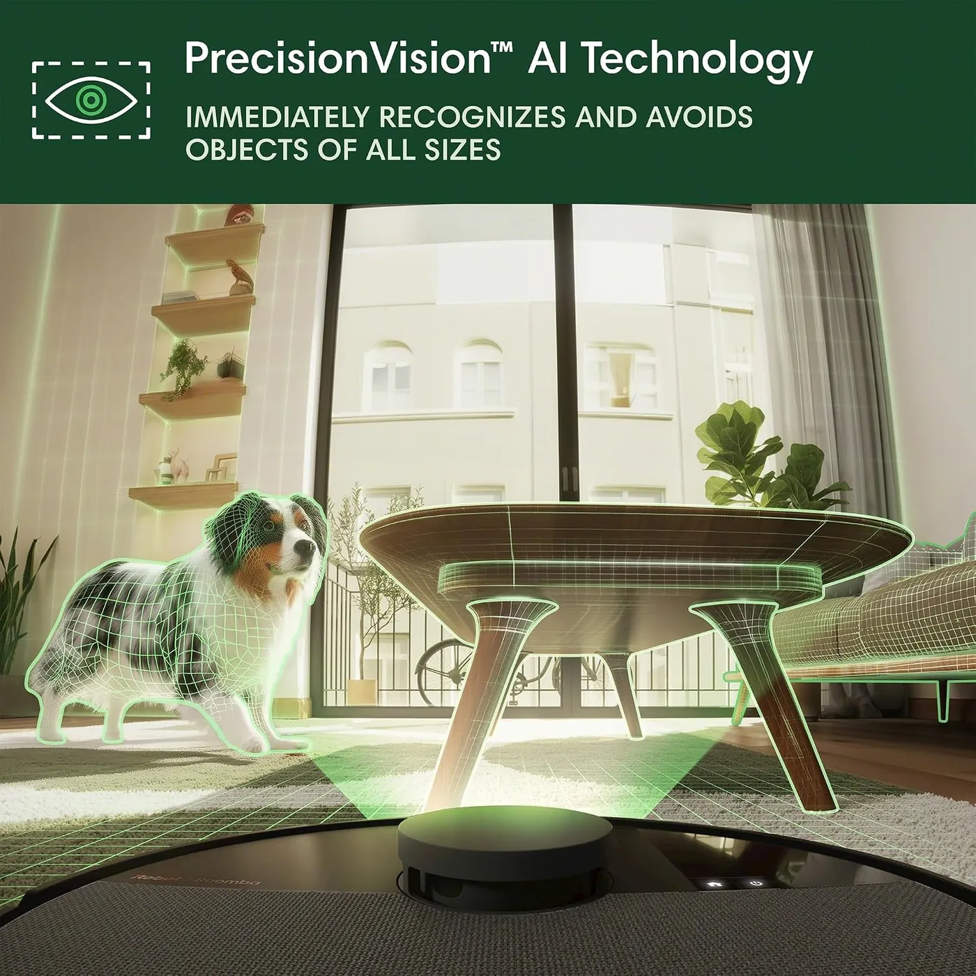 iRobot Roomba 505X camera-view illustration with a dog and table outlined in green, PrecisionVision AI obstacle claim