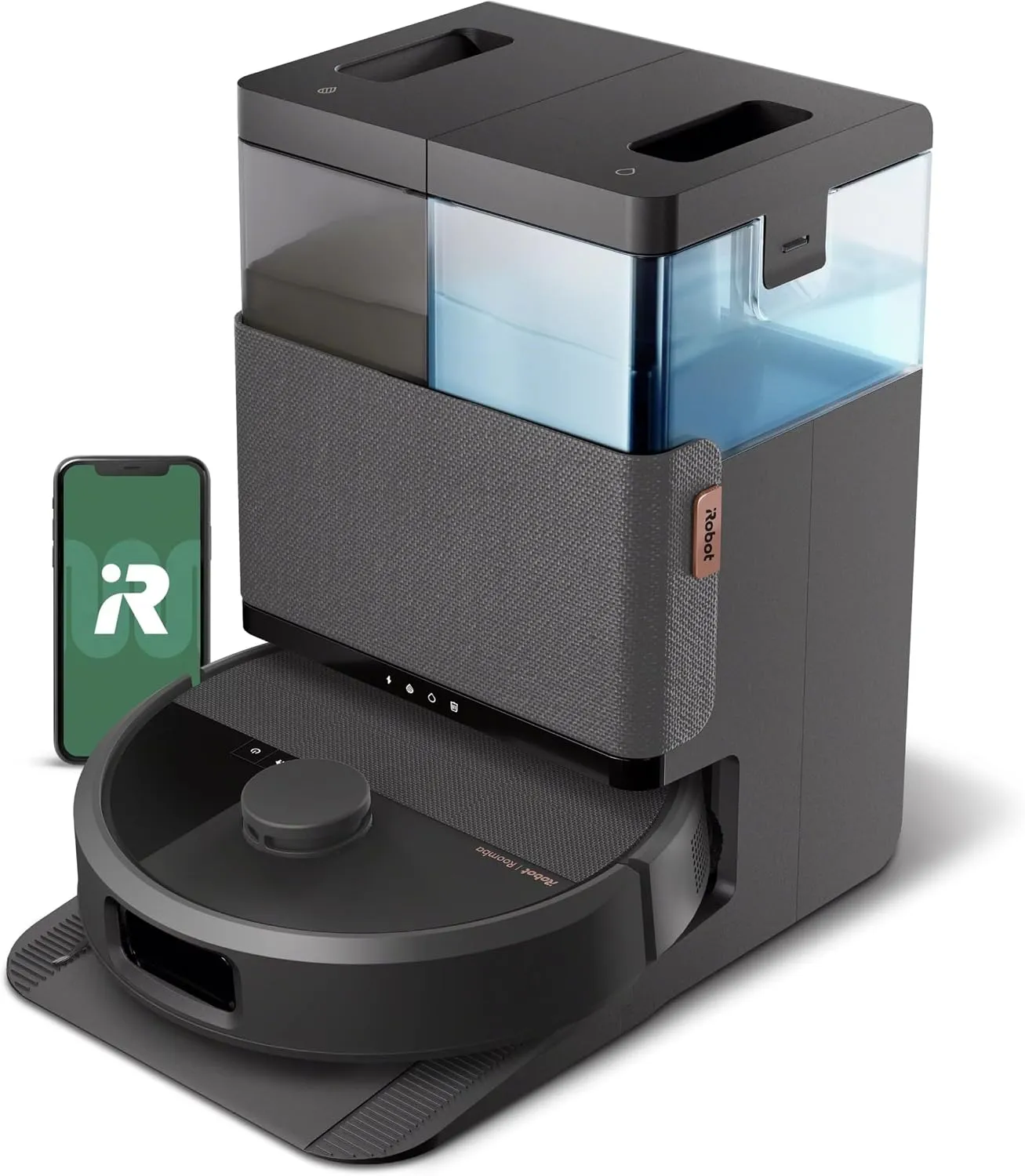 iRobot Roomba 505X black robot vacuum docked at its tall dock with clear dirt and water tanks, beside a phone app