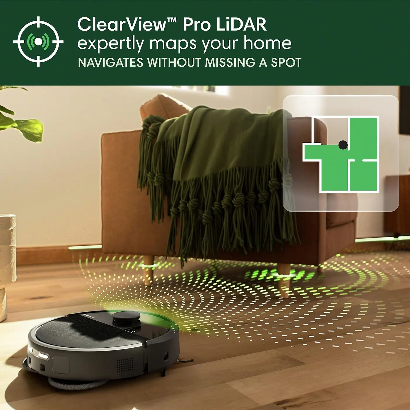 iRobot Roomba 505X on a wood floor in front of an armchair, LiDAR dots and a floor-plan inset, ClearView Pro claim