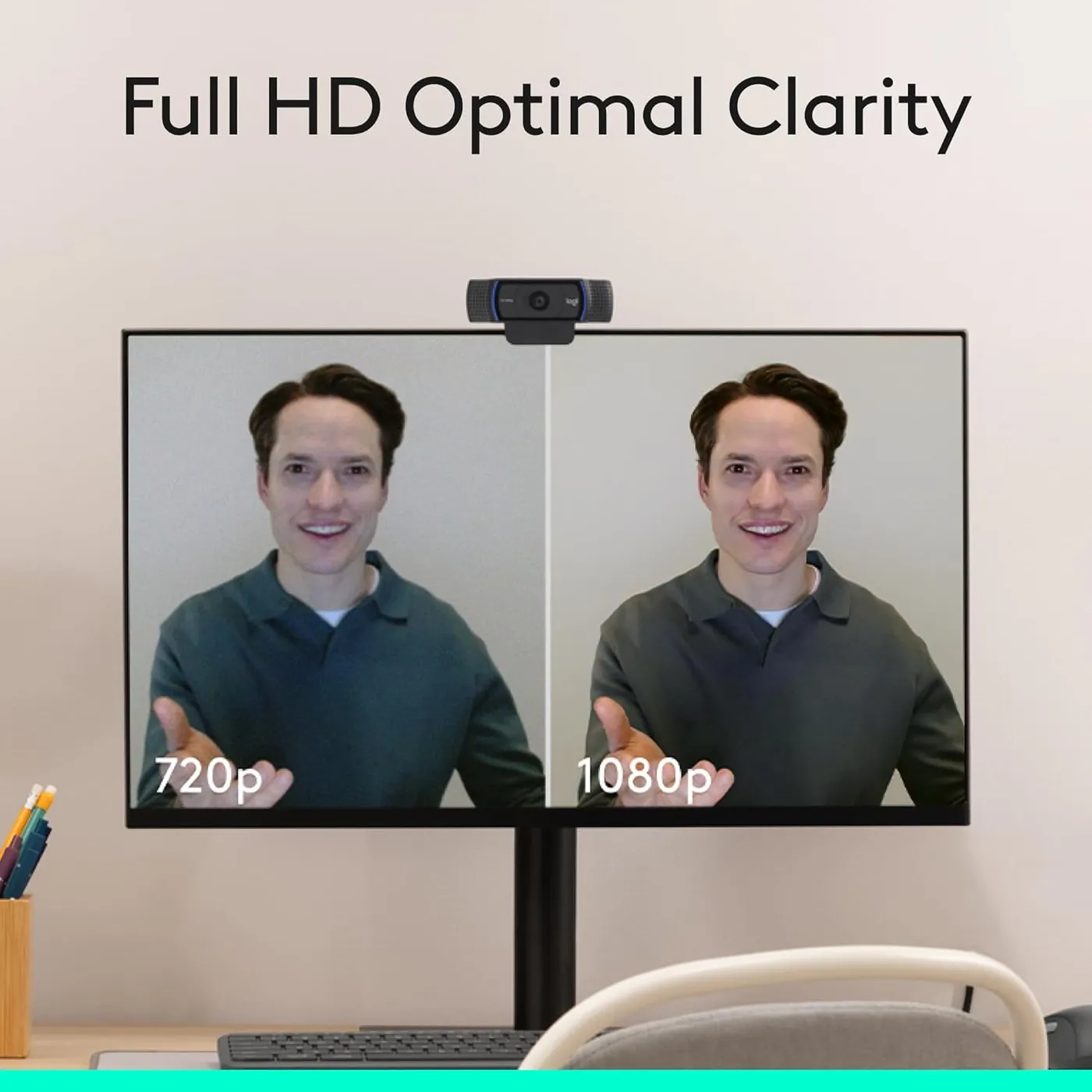 Logitech C920x HD Pro webcam on top of a desk monitor, split-screen 720p versus 1080p video of a smiling man
