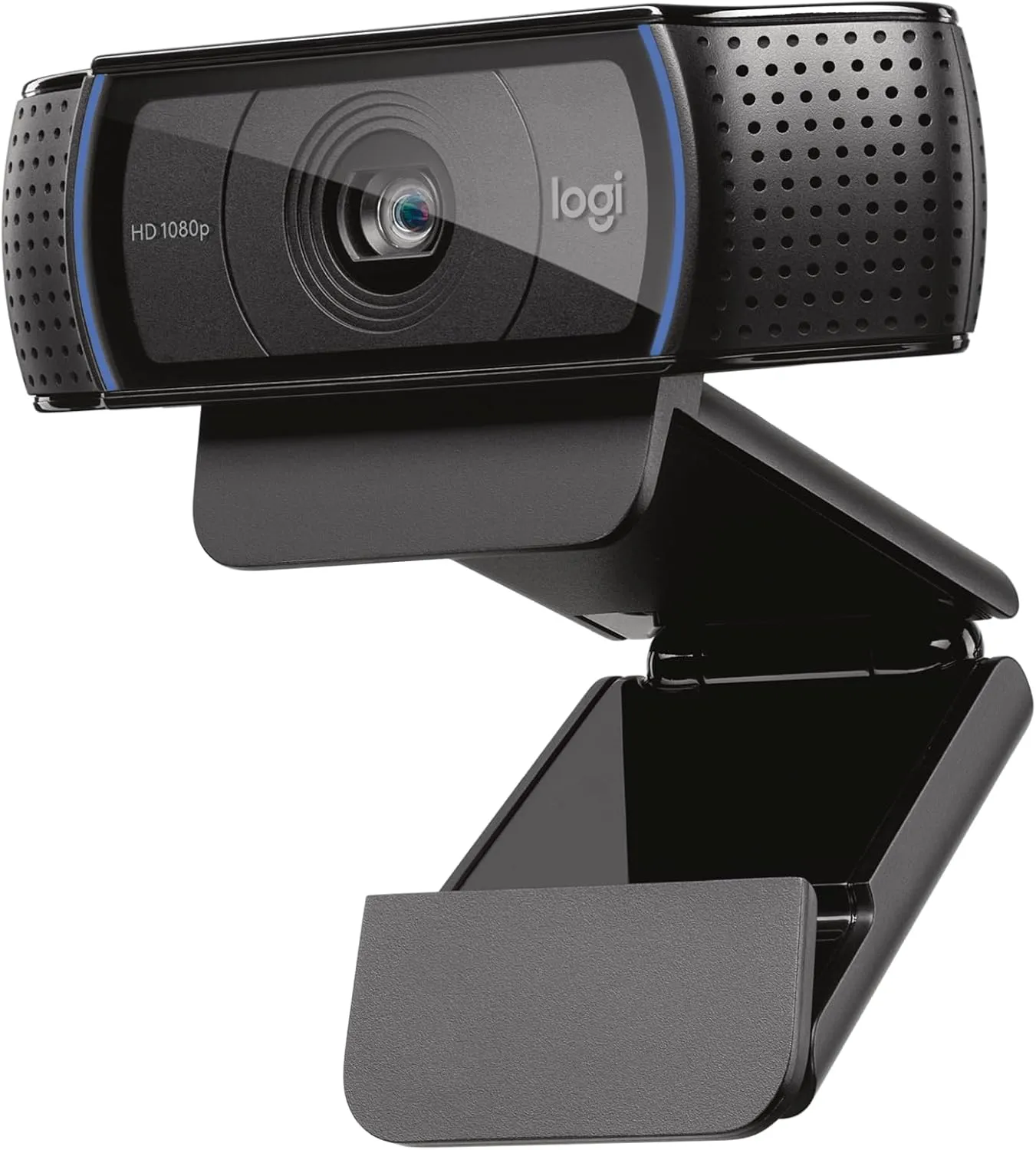 Logitech C920x HD Pro webcam in black with blue trim, three-quarter front view on its folding clip stand
