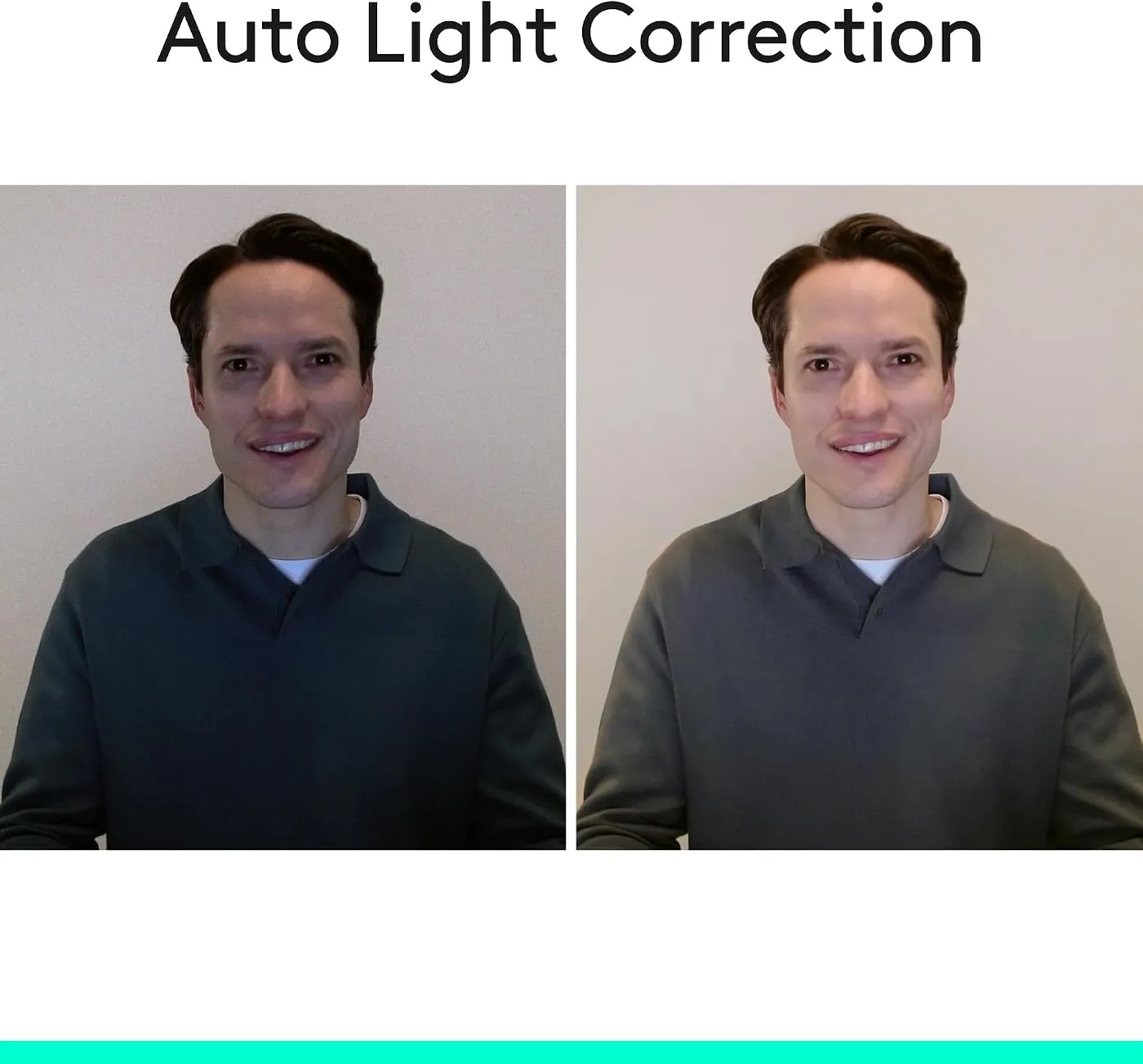 Logitech C920x HD Pro auto light correction infographic: two video frames of the same man, a darker one beside a brighter one