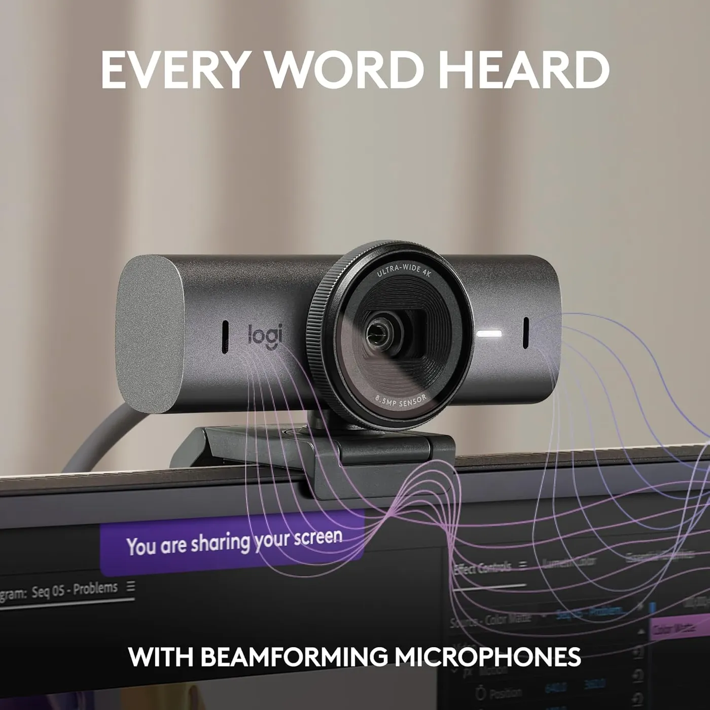 Logitech MX Brio 4K Webcam on top of a monitor showing a screen-share banner, infographic of the beamforming mics claim