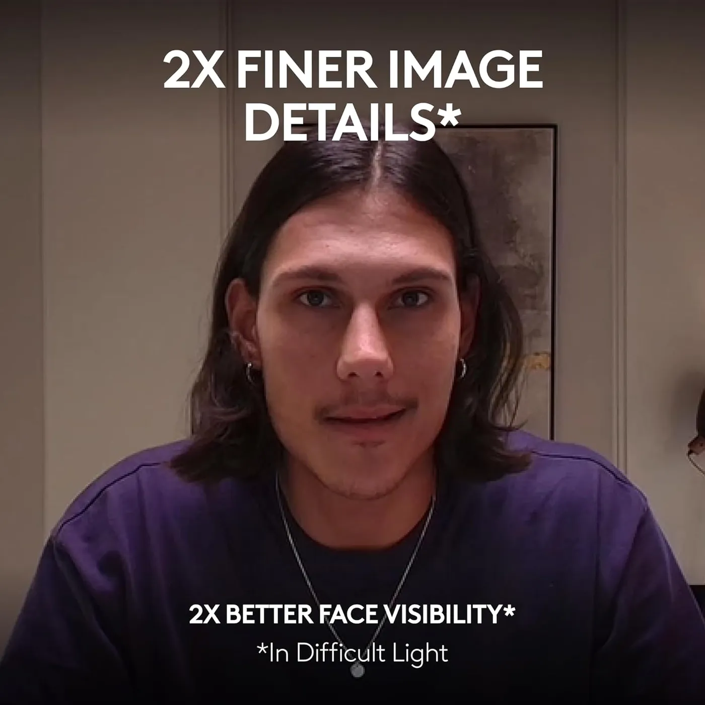 Logitech MX Brio 4K Webcam infographic of the 2X finer image detail claim in difficult light, a man's portrait on screen