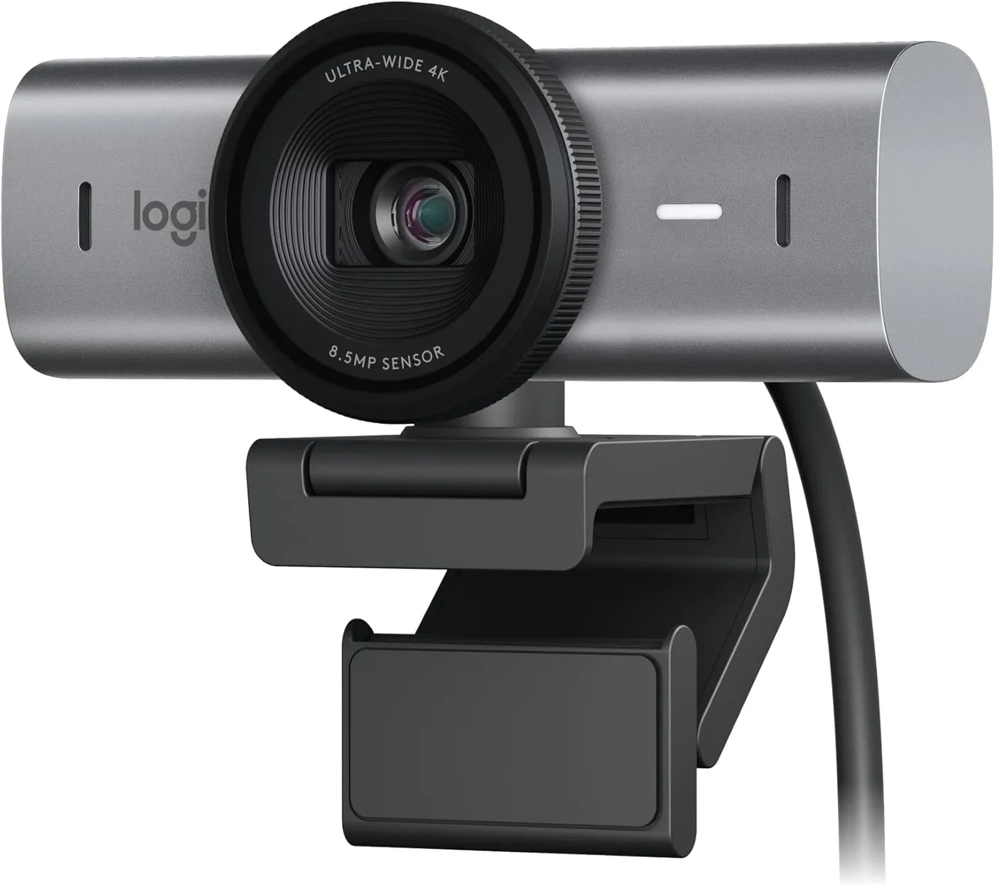 Logitech MX Brio 4K Webcam in graphite grey with a ringed lens, noise-reducing mic slots and a clip mount