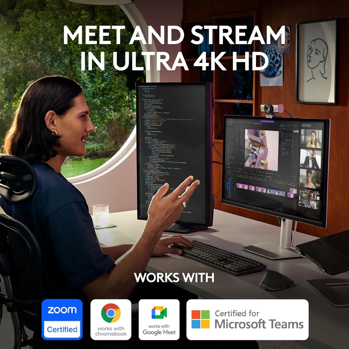 Logitech MX Brio 4K Webcam on a monitor in a home office, a man gesturing beside a Zoom, Teams and Google Meet logo row