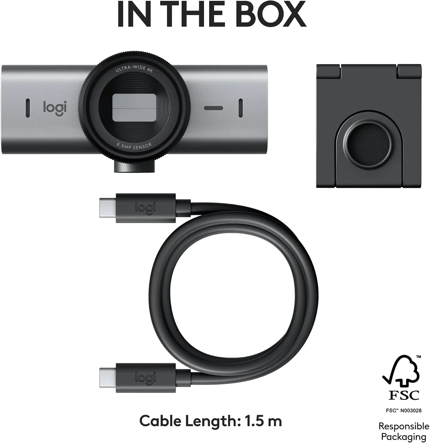 Logitech MX Brio 4K Webcam laid out with its clip mount and 1.5 m USB-C cable, the in-the-box contents