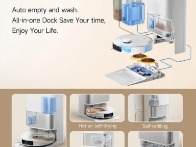 MOVA P10 Pro Ultra dock exploded diagram with self-emptying, hot water washing, hot air drying and refilling callouts