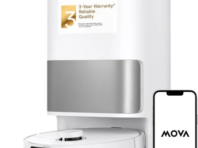 MOVA P10 Pro Ultra robot vacuum docked in its white base station beside a phone showing the brand logo