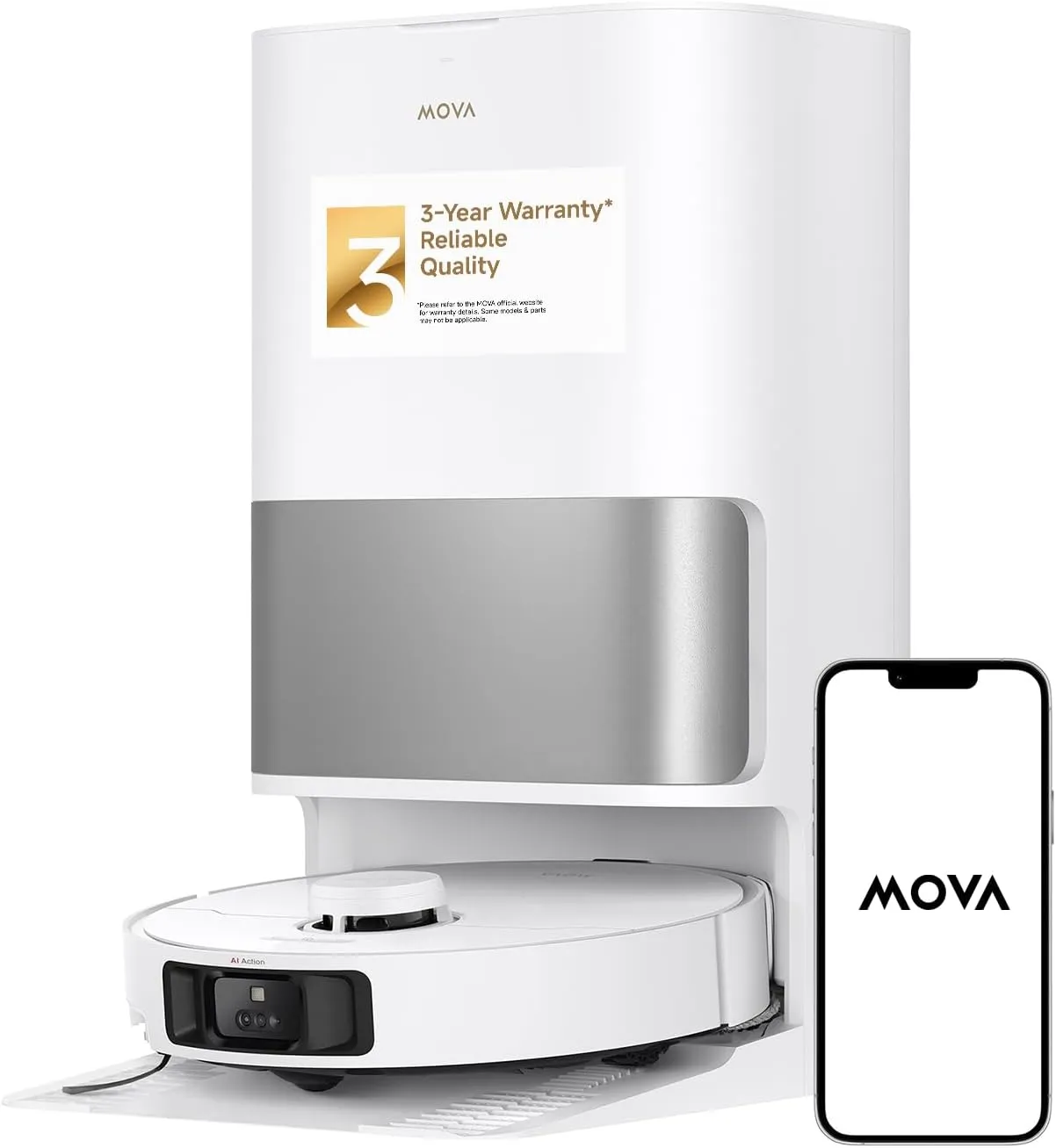 MOVA P10 Pro Ultra robot vacuum docked in its white base station beside a phone showing the brand logo