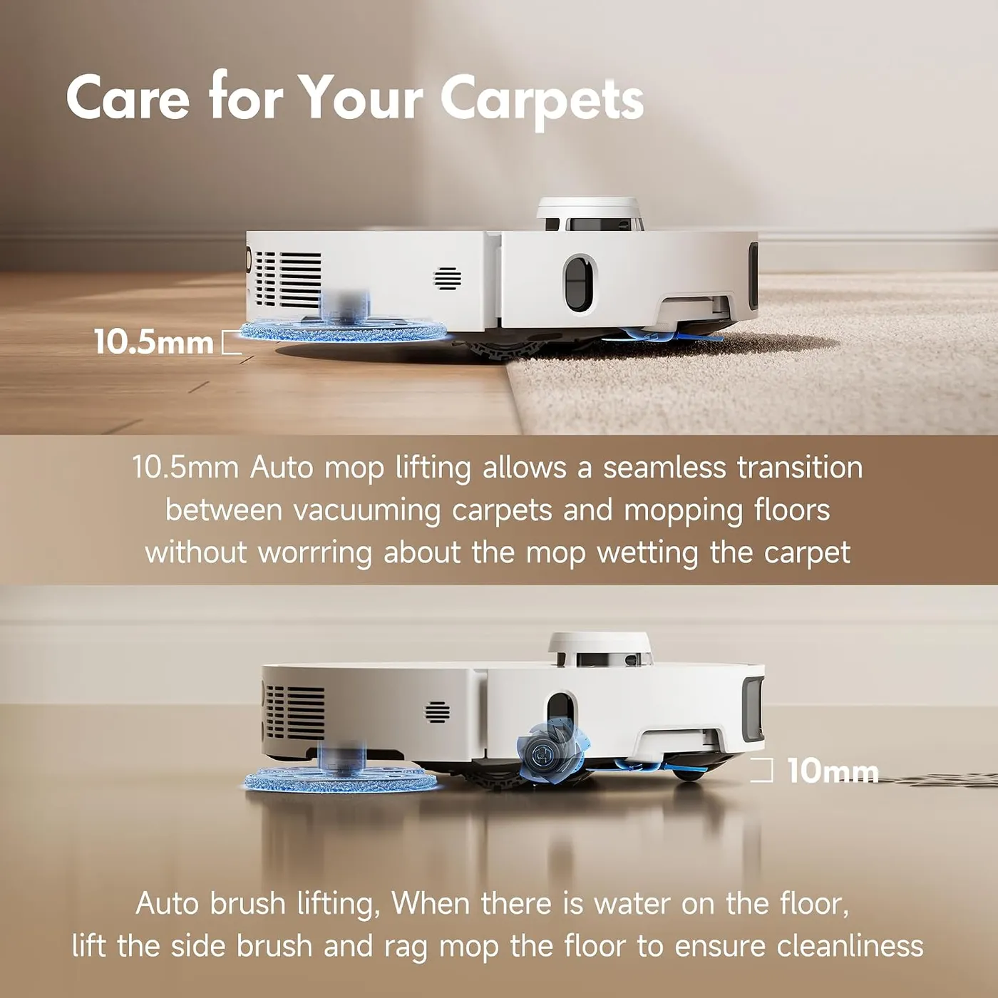 MOVA P10 Pro Ultra robot vacuum side view at a floor-to-carpet edge, infographic of the 10.5mm mop lift claim