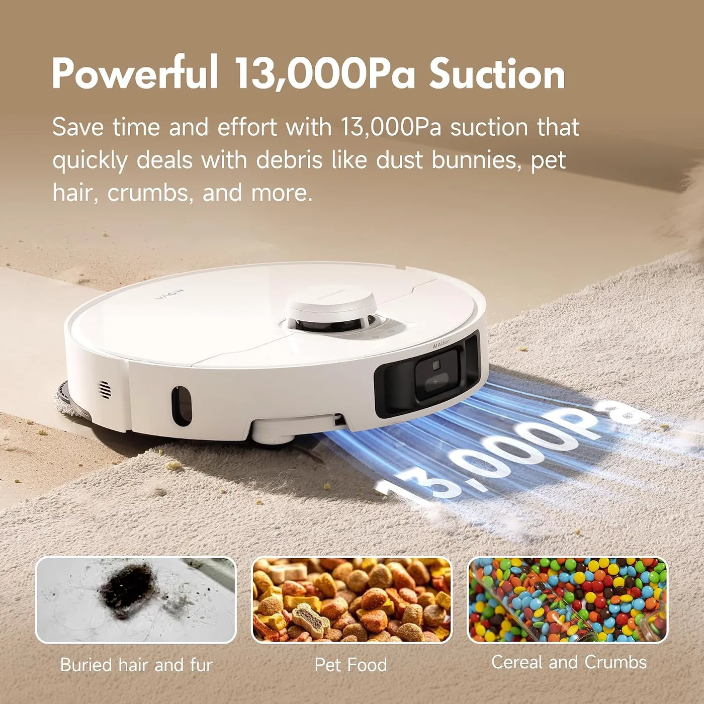 MOVA P10 Pro Ultra robot vacuum at a rug edge, infographic of the 13,000Pa suction claim with pet food and crumbs