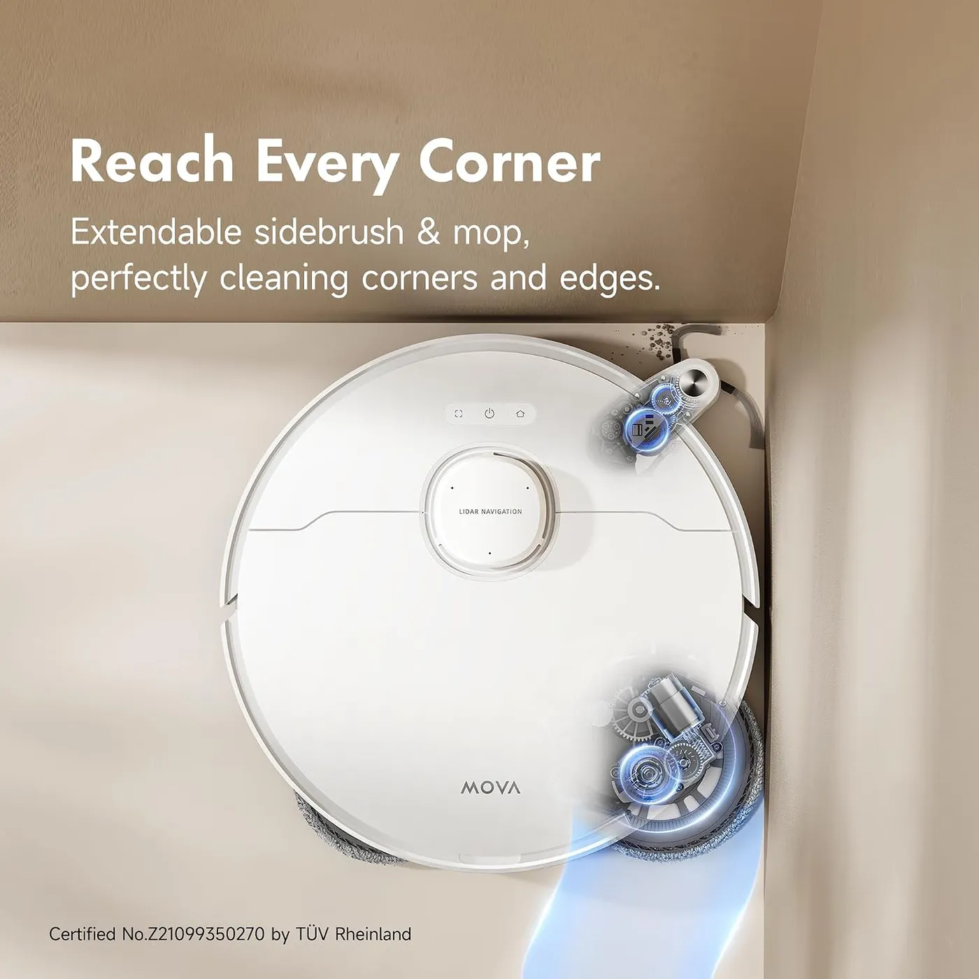MOVA P10 Pro Ultra robot vacuum top-down in a room corner, infographic of its extendable side brush and mop