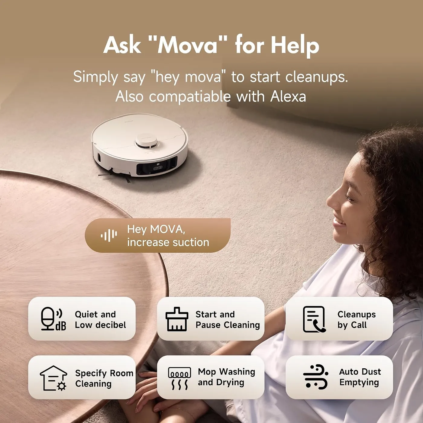 MOVA P10 Pro Ultra robot vacuum on carpet beside a round table, voice command and feature icons around a seated person