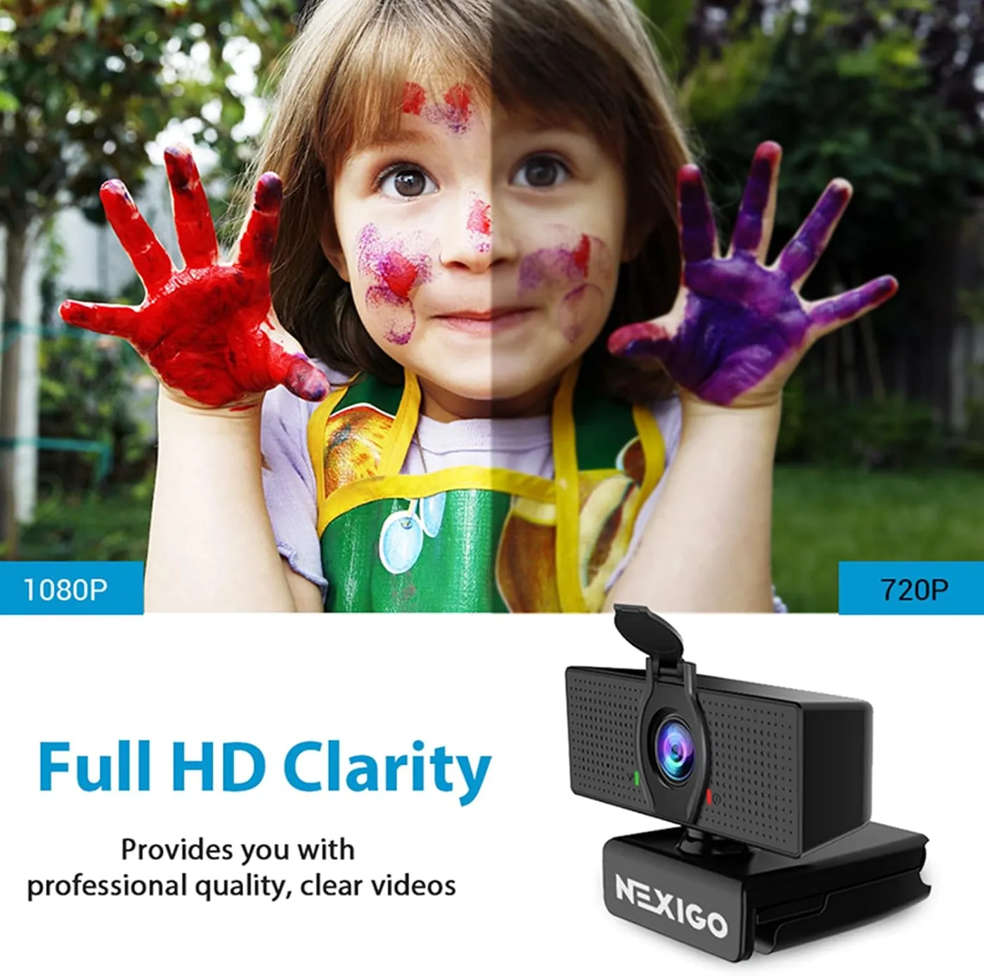 NexiGo N60 1080P webcam resolution comparison: child with painted hands, split between 1080P and 720P halves