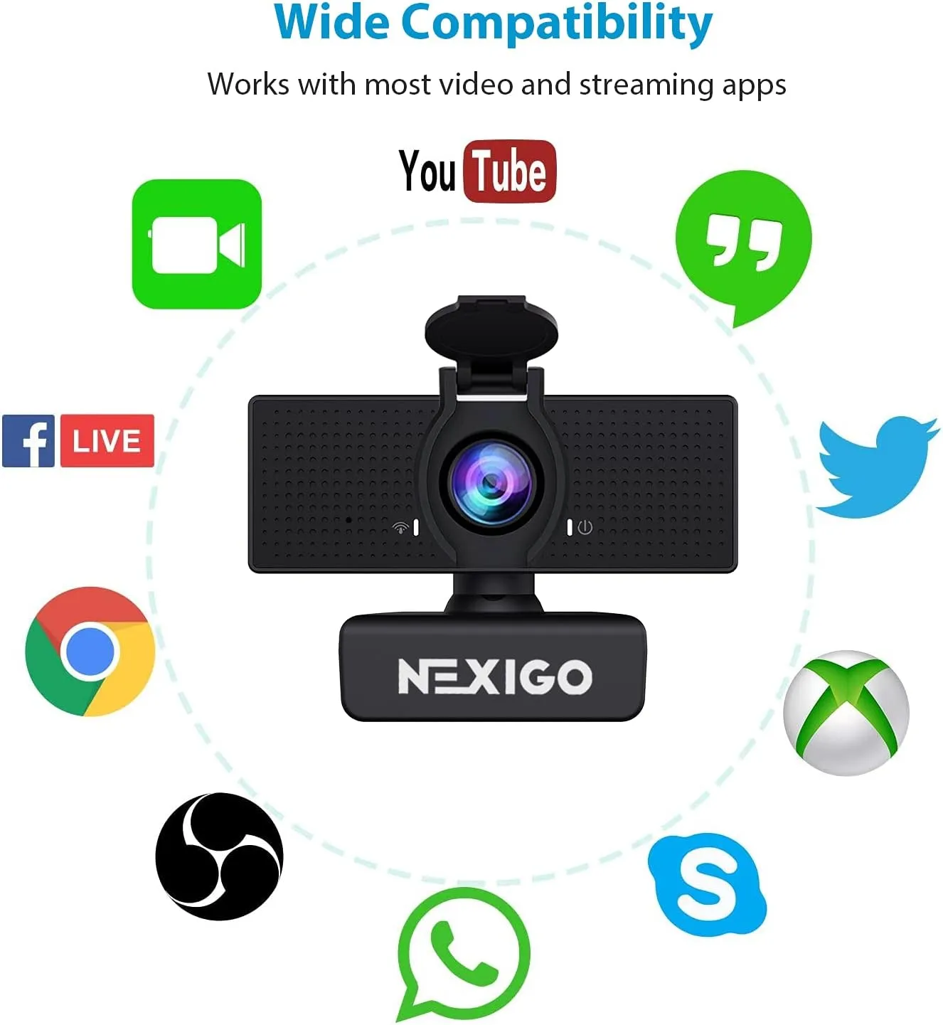 NexiGo N60 1080P webcam surrounded by app icons such as YouTube, Skype, OBS and WhatsApp, compatibility graphic
