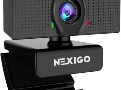 NexiGo N60 1080P webcam in black, three-quarter front view with raised privacy cover and microphone grilles