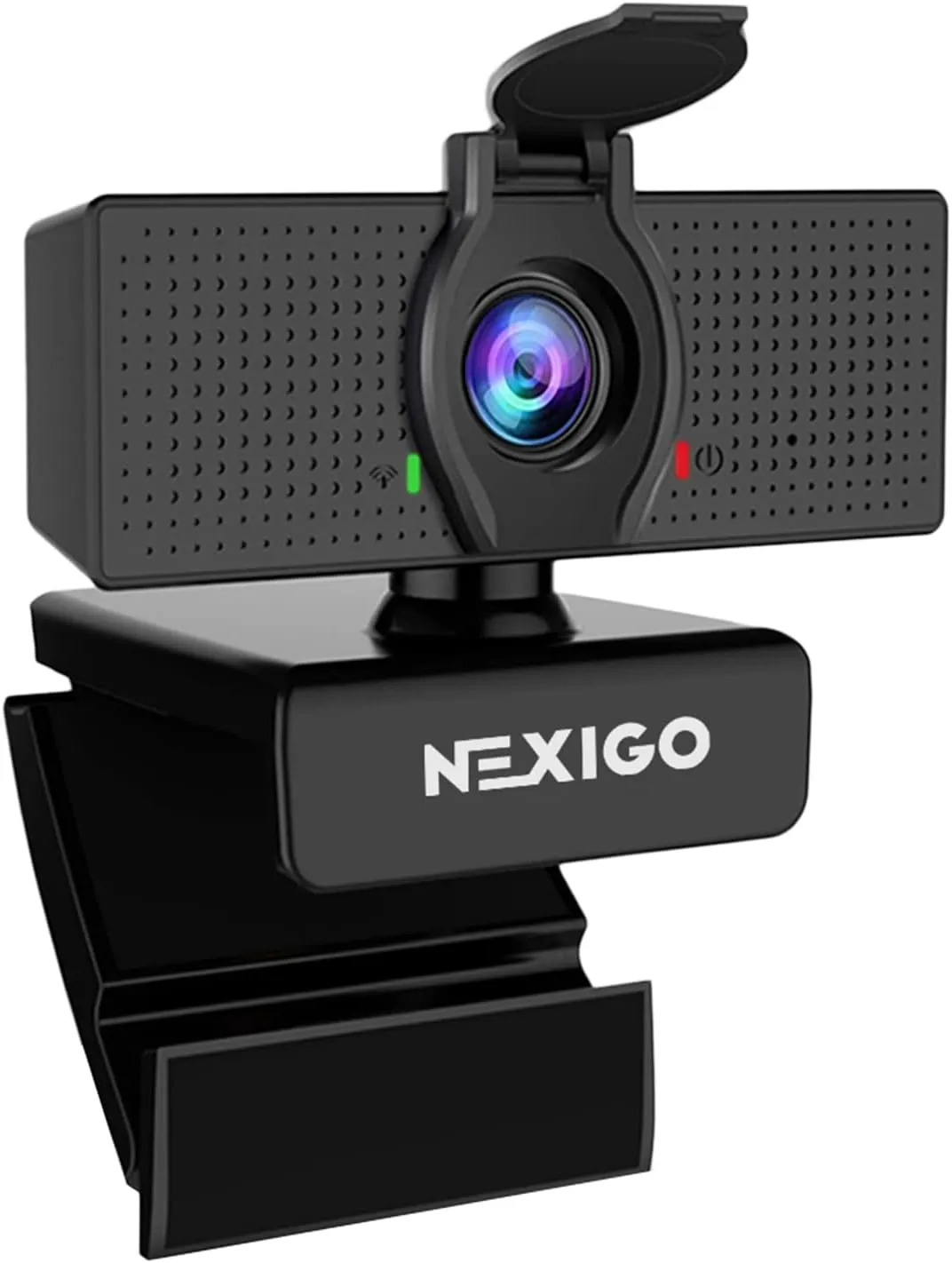 NexiGo N60 1080P webcam in black, three-quarter front view with raised privacy cover and microphone grilles