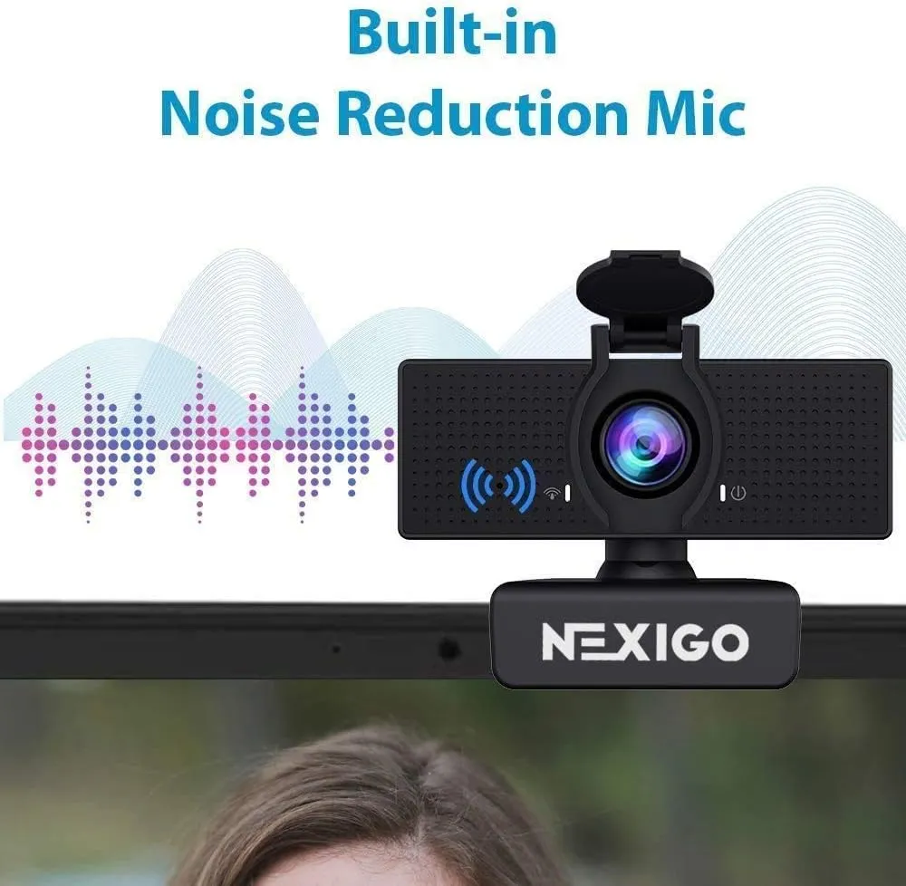 NexiGo N60 1080P webcam noise reduction mic infographic: sound-wave graphics beside the webcam on a laptop bezel