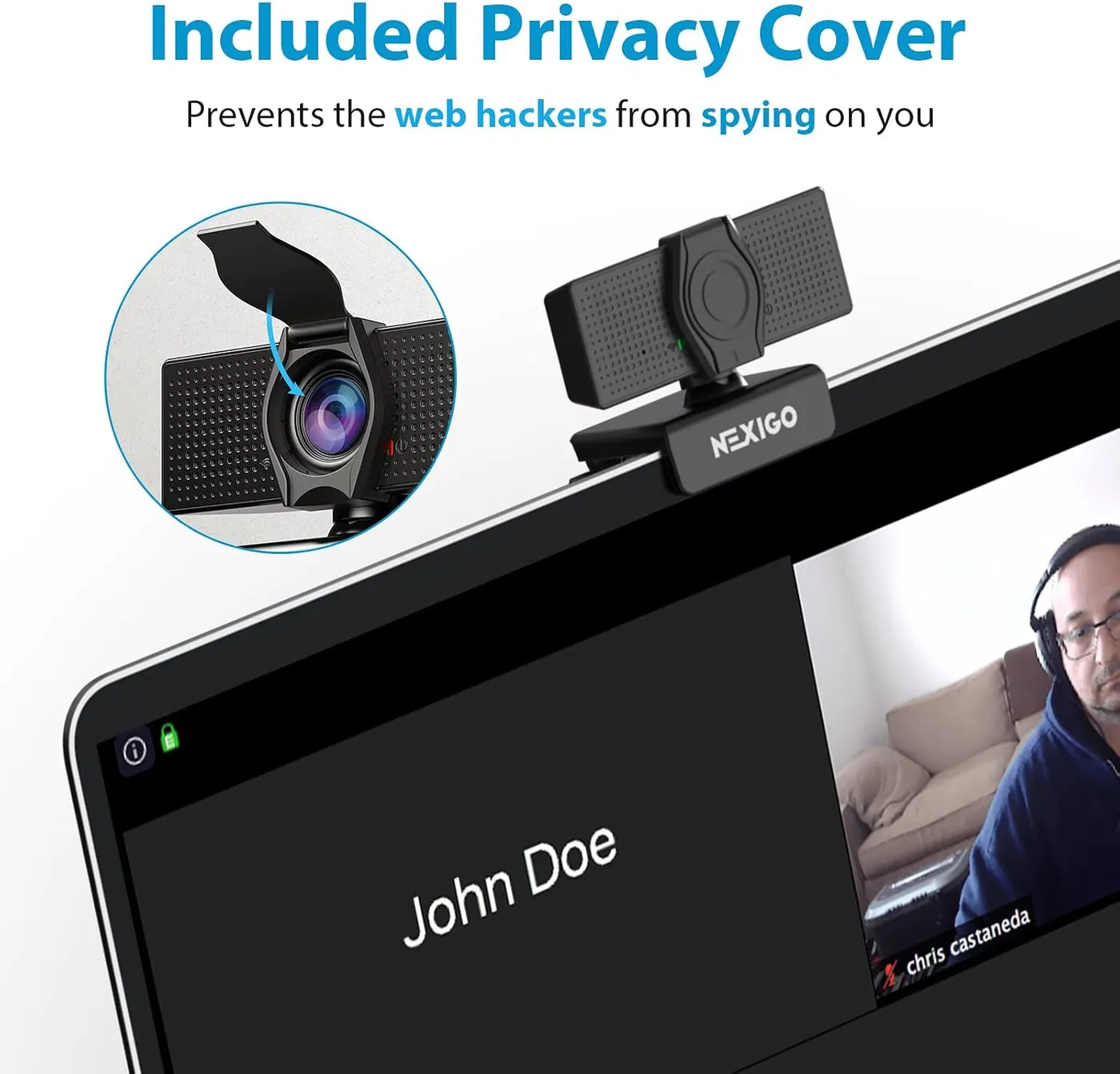 NexiGo N60 1080P webcam privacy cover infographic: lens cover flipped down, webcam clipped on a laptop during a call