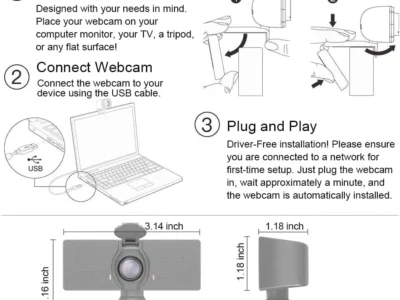 NexiGo N60 1080P webcam setup diagram with clip steps, USB connection and printed dimensions of 3.14 by 2.16 inches