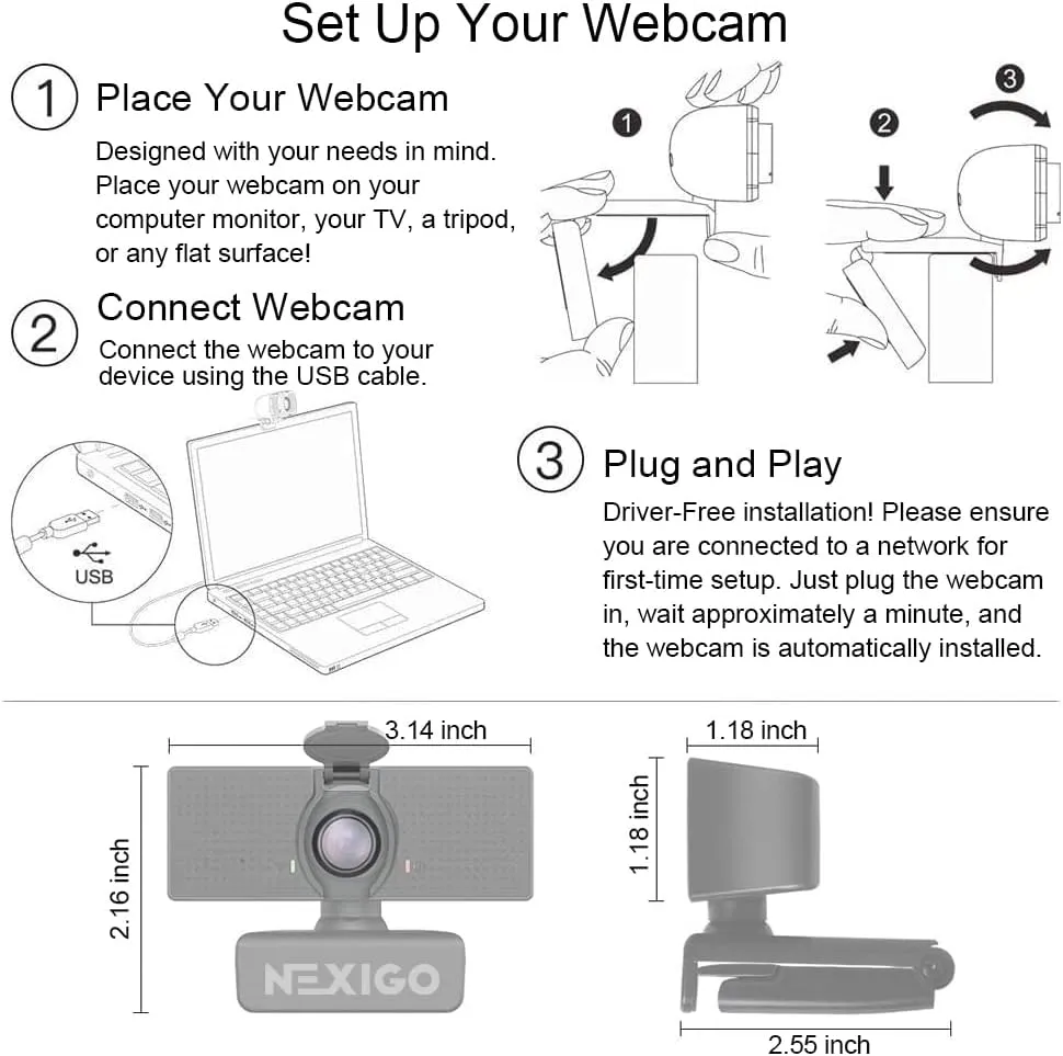 NexiGo N60 1080P webcam setup diagram with clip steps, USB connection and printed dimensions of 3.14 by 2.16 inches