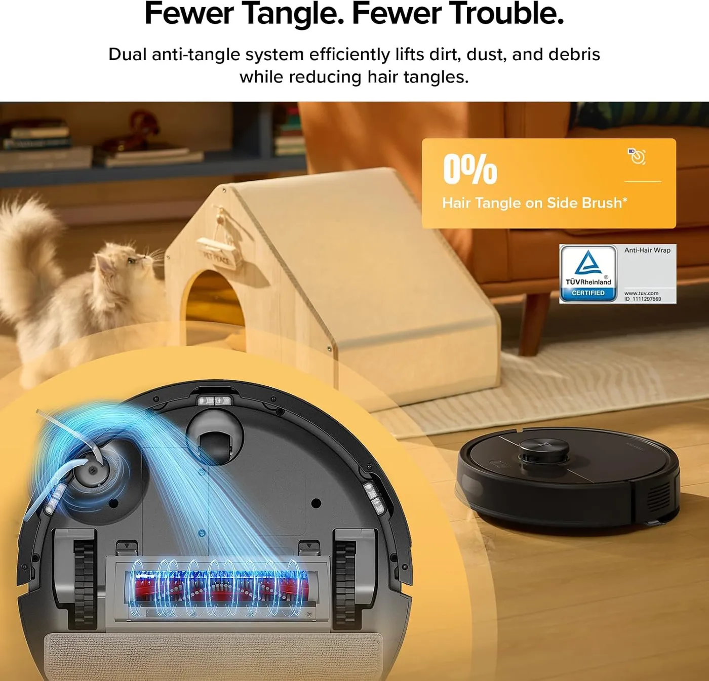Roborock Q7 M5+ brush underside inset over a living room with a cat, infographic of the 0% side brush tangle claim
