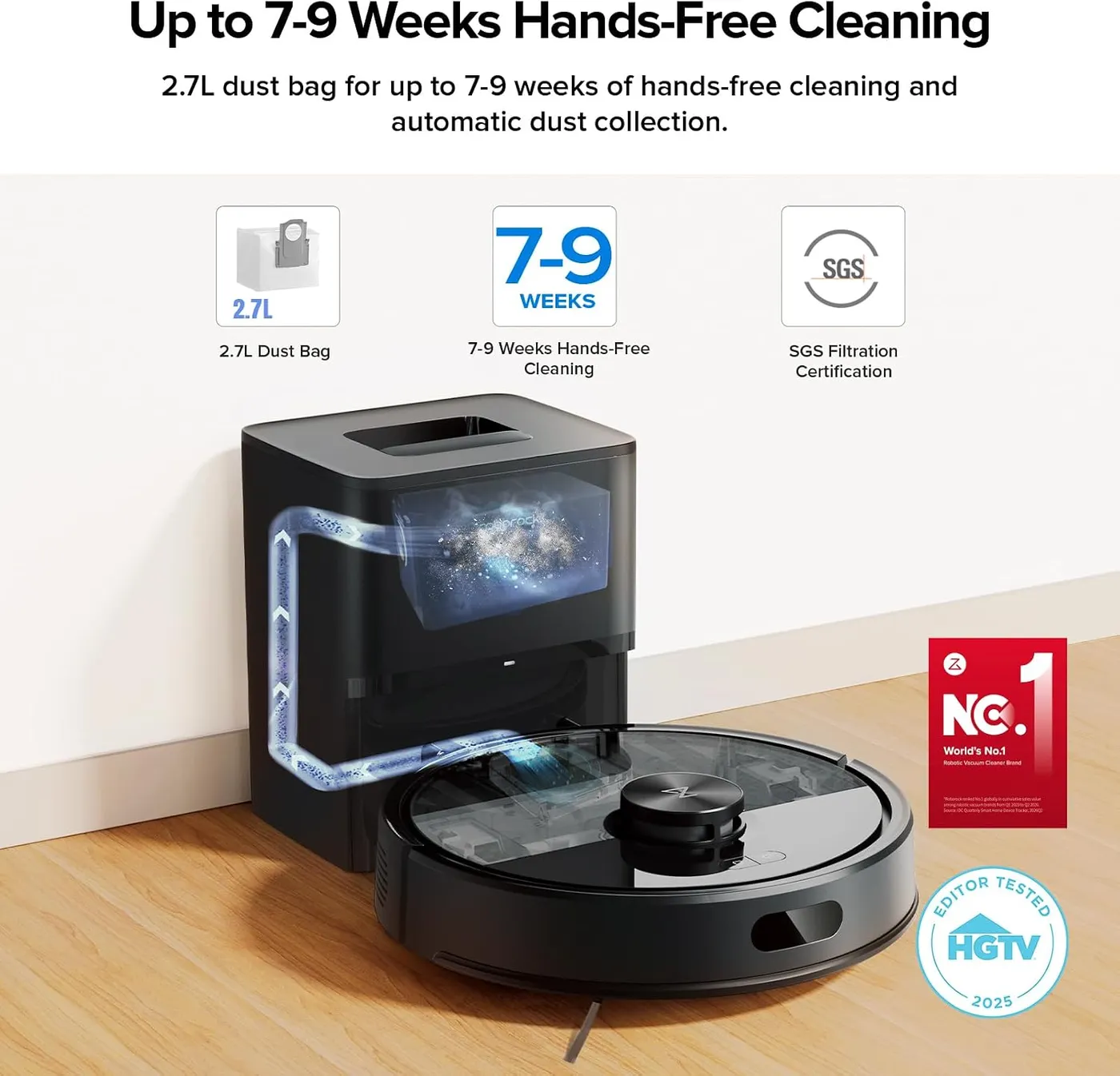 Roborock Q7 M5+ at its dock on a wood floor, infographic of the 2.7L dust bag and 7-9 week hands-free claim