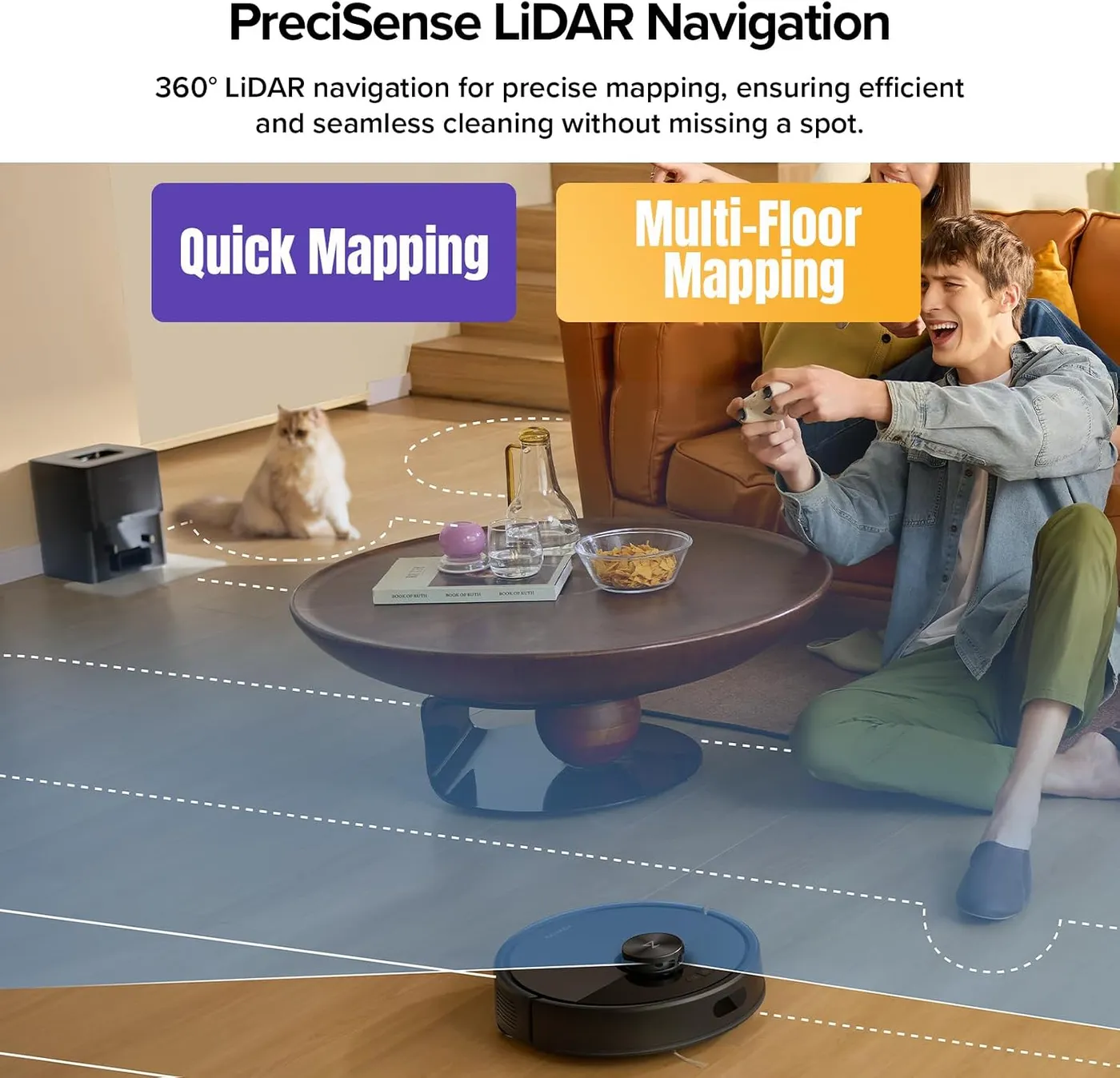 Roborock Q7 M5+ crossing a living room floor with mapping overlay, a cat and a person playing a game, LiDAR claim