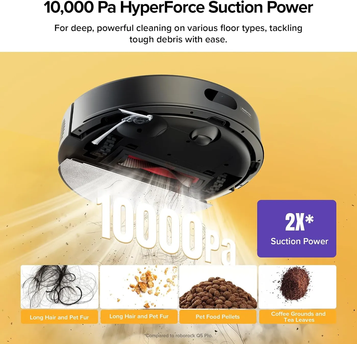 Roborock Q7 M5+ underside with infographic of the 10,000Pa suction claim, pet hair, crumbs, pet food and coffee grounds