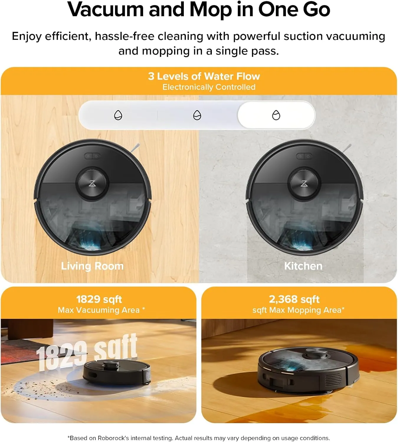 Roborock Q7 M5+ top-down on living room and kitchen floors, with three water flow levels and cleaning-area claims