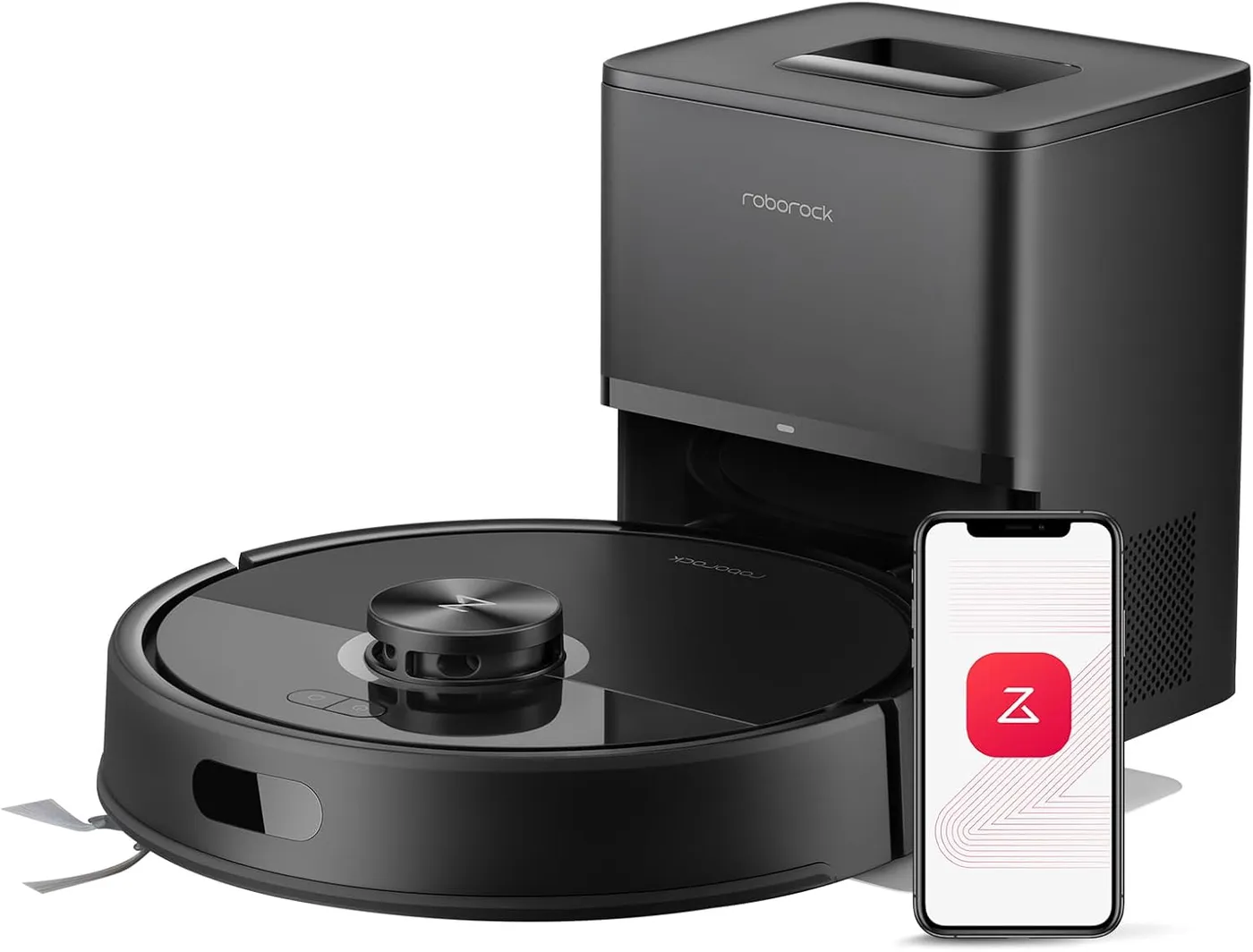 Roborock Q7 M5 Plus black robot vacuum next to its auto-empty dock and a phone showing the Roborock app icon