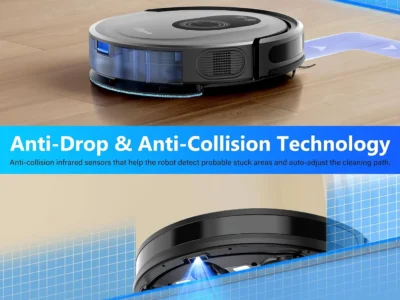 Tikom G8000 Max on a wood floor with its water tank, plus an underside view, anti-drop and anti-collision sensor claim