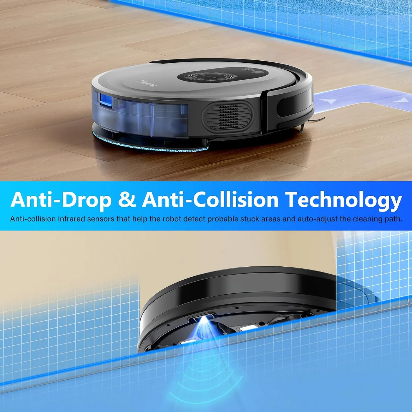 Tikom G8000 Max on a wood floor with its water tank, plus an underside view, anti-drop and anti-collision sensor claim