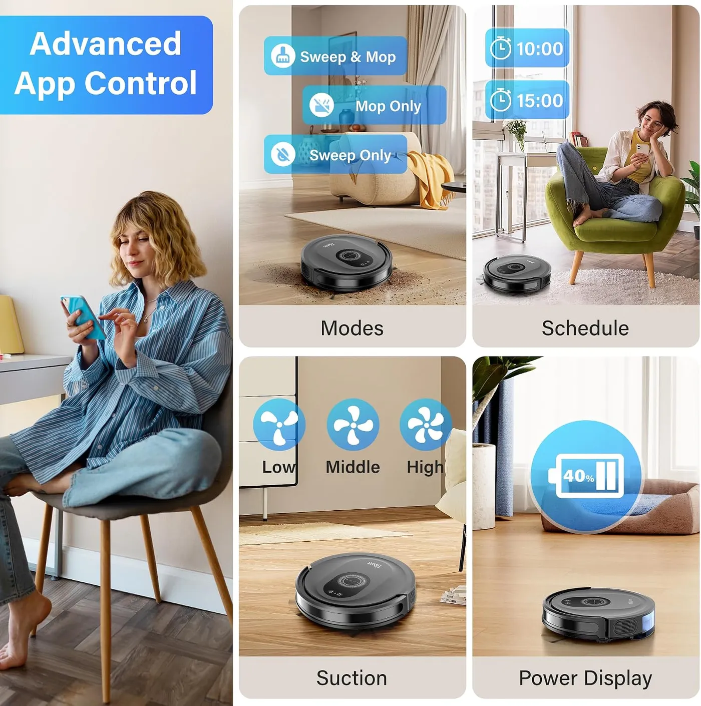 Tikom G8000 Max in four home scenes beside a person using a phone app, with mode, schedule, suction and battery panels