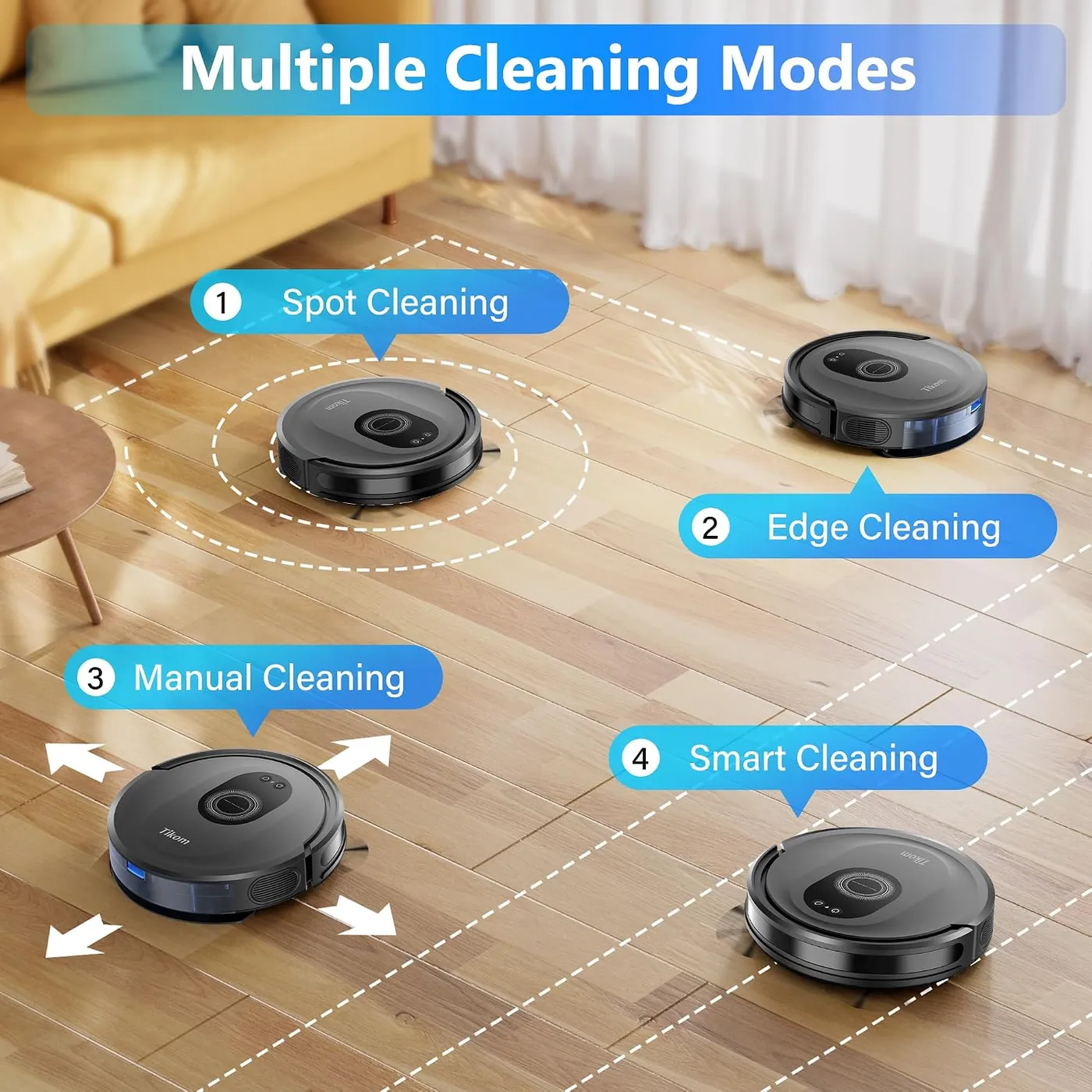 Four Tikom G8000 Max units on a wood floor labeled spot, edge, manual and smart cleaning modes with path outlines