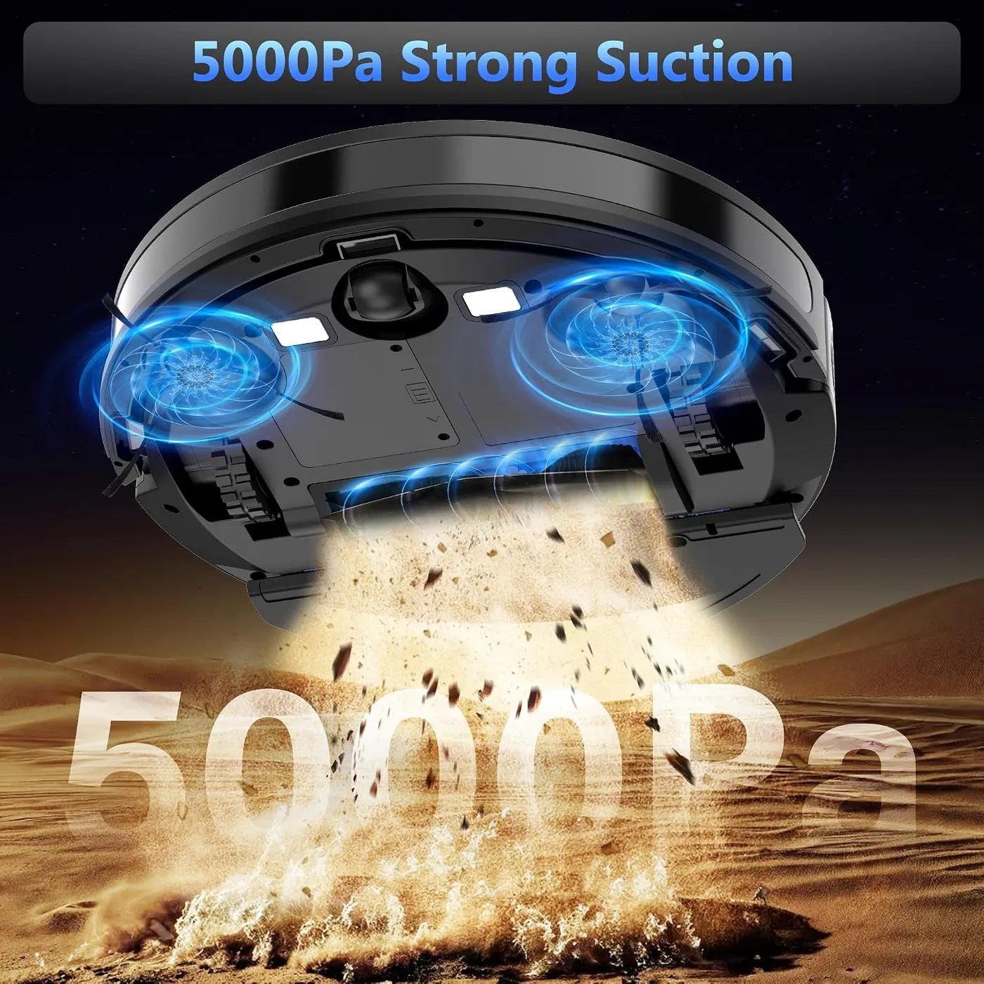 Tikom G8000 Max underside with twin suction fan graphics over a desert backdrop, infographic of the 5000Pa suction claim