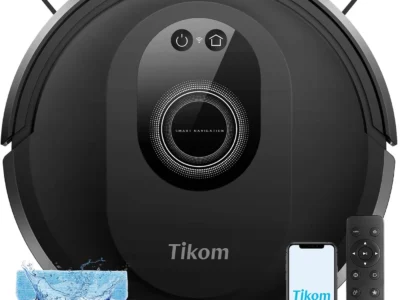 Tikom G8000 Max black robot vacuum from above with a water tank and mop pad, a phone app screen and a remote
