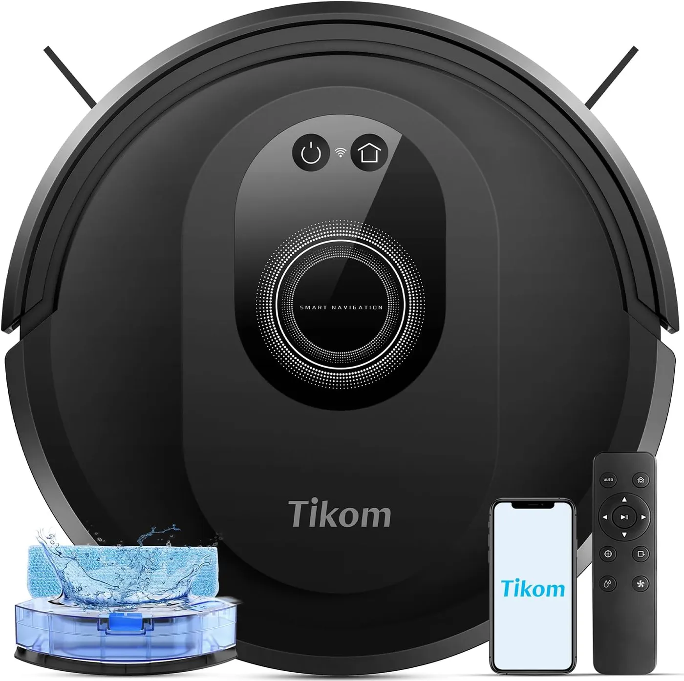 Tikom G8000 Max black robot vacuum from above with a water tank and mop pad, a phone app screen and a remote
