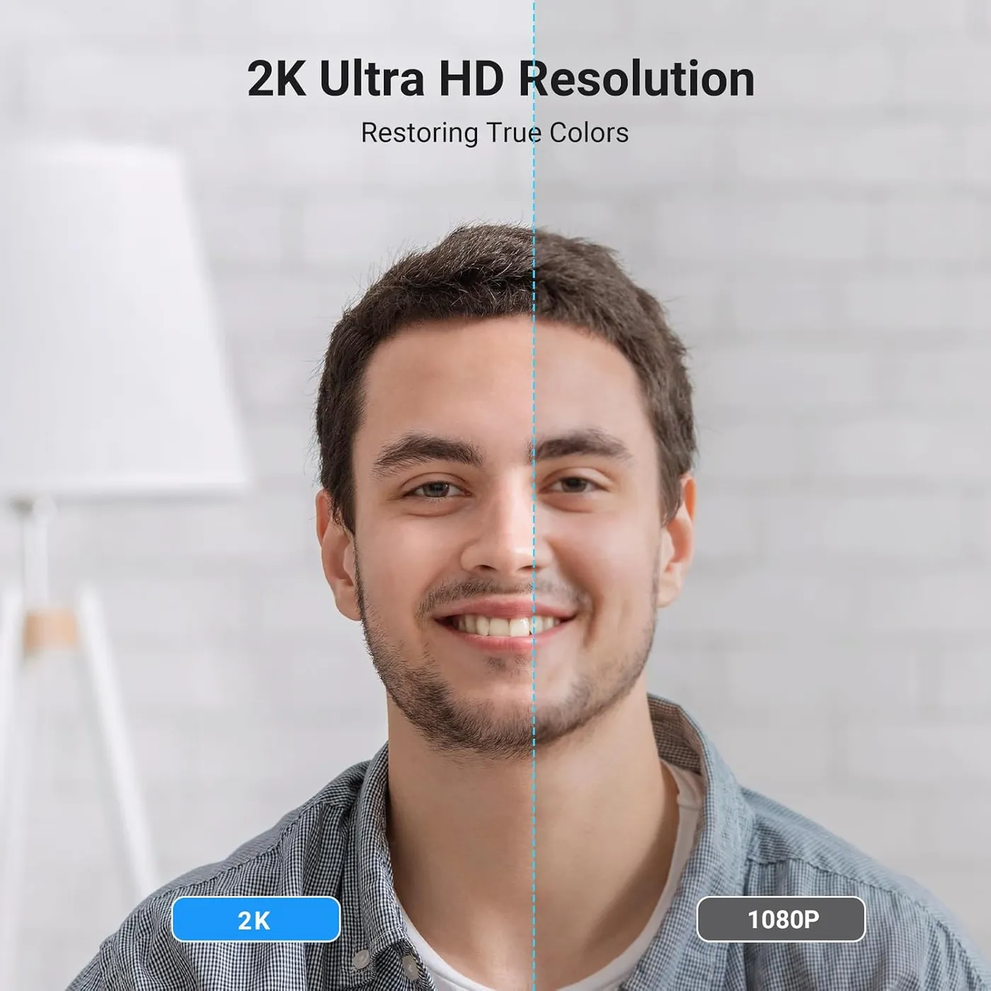 UGREEN 2K Webcam infographic of the 2K Ultra HD claim: split-face portrait comparing 2K and 1080P