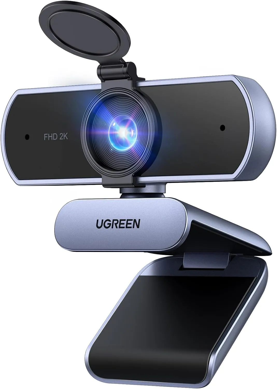 UGREEN 2K Webcam in grey and black with the lens privacy cover flipped up, on a clip stand