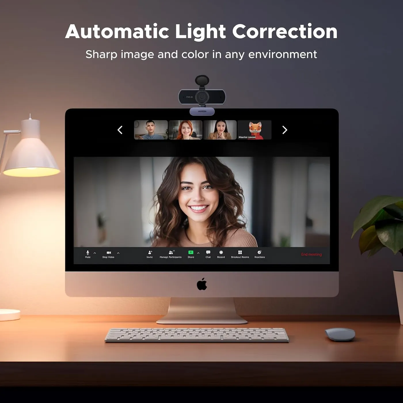 UGREEN 2K Webcam clipped to an iMac during a video call, infographic of the automatic light correction claim